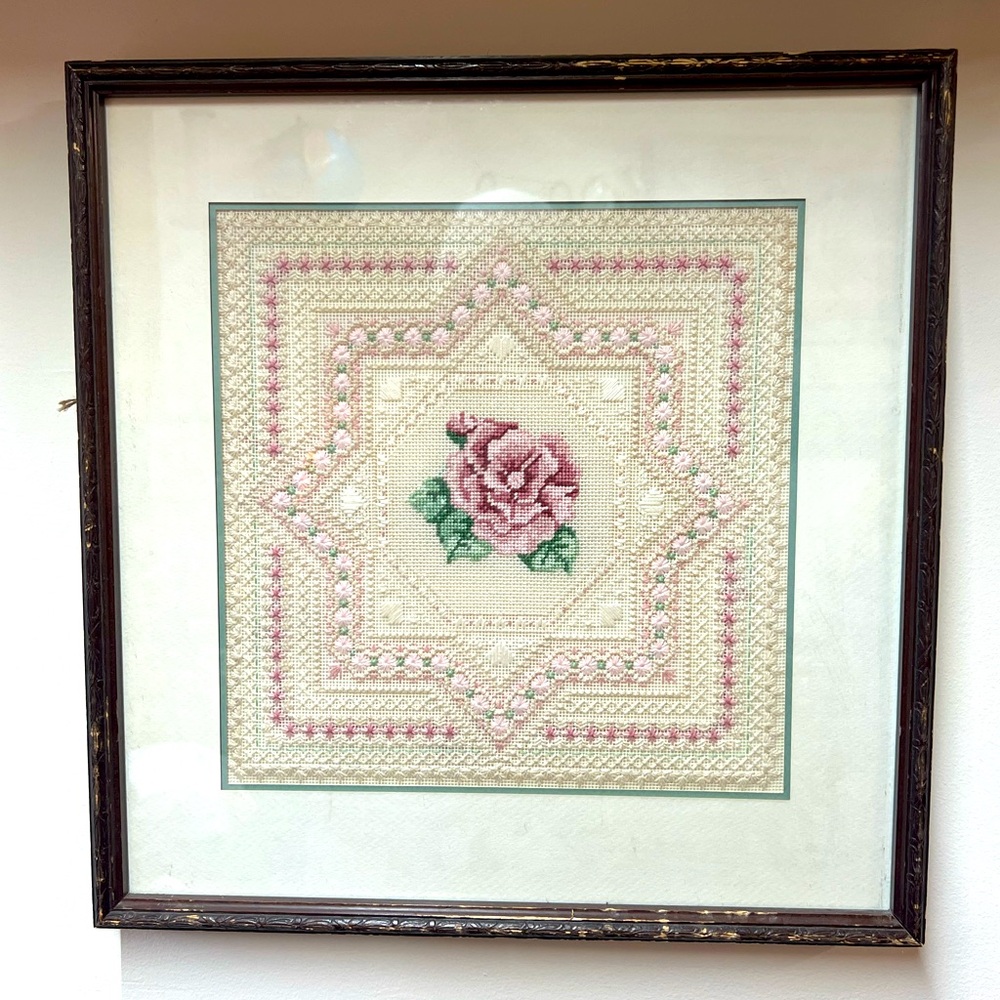 Framed needlepoint & Cross-stitch Rose Art